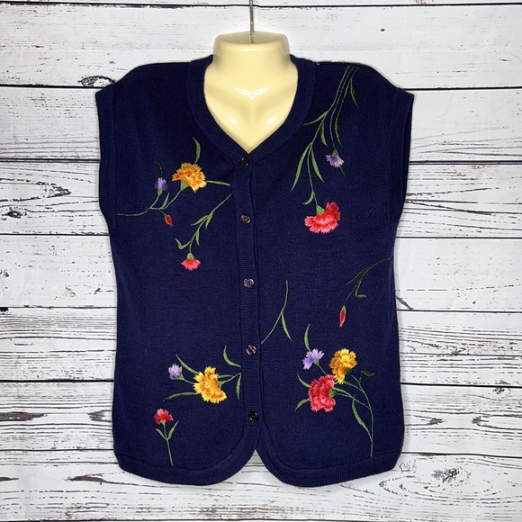 Bonnie Lee LeRoy NWT 38 (US M) Navy - Floral Embroidered Sweater Vest Cardigan - Picture 2 of 5